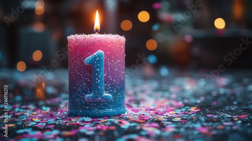 Vibrant celebration with a sparkling number one candle