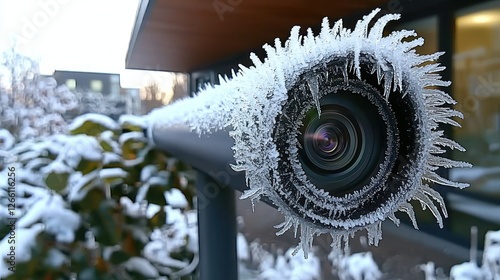 Wallpaper Mural Icy Security Cam Frozen lens surveys neighborhood, amidst snow-covered greenery Torontodigital.ca