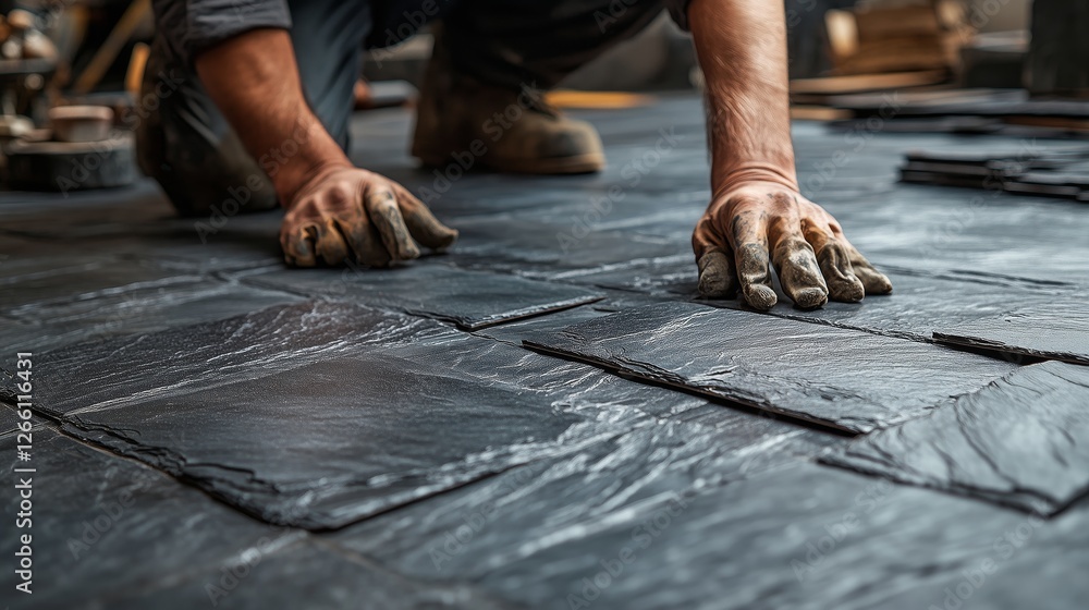 Worker Installing Dark Grey Floor Tiles Carefully Worker Installing Dark Grey Floor Tiles Carefully