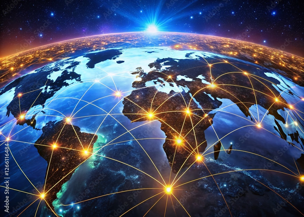 Obraz premium Surreal Global Network Map: Illuminated Connections & Digital World
