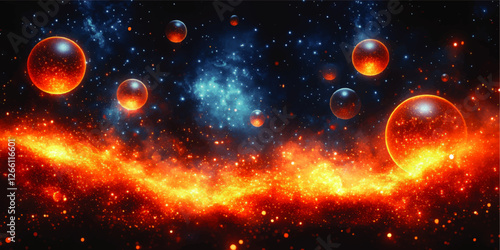 Stunning Cosmic Vector Image: Glowing Orange Planets, Fiery Nebula, Blue Stars in Dramatic Space Scene - High-Resolution Galactic Art Design