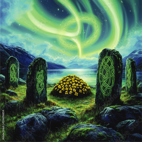 Enchanting Celtic Stone Circle with Northern Lights over Scenic Lake and Mountains, Blooming Yellow Flowers, Mystical Night Sky Vector Art