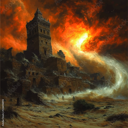 Mysterious Ancient Ruins with Dramatic Skies: Towering Structure Amidst Fierce Storm and Walking Figures in a Surreal, Apocalyptic Desert Landscape