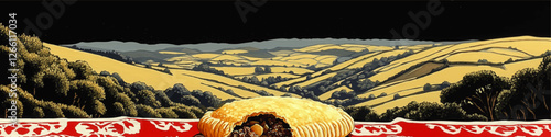 Captivating Vector of Bucolic Landscape with Savory Pie on Decorated Tablecloth: Rolling Hills, Verdant Trees, Open Sky, and Delicious Pastry Emphasizing Rustic Charm