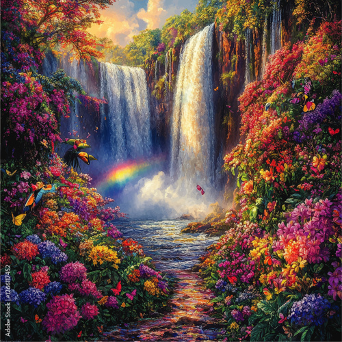 Vivid Waterfall Paradise with Lush Flowers and Colorful Butterflies: Nature's Dreamland Featuring Waterfalls, Rainbows, and Exotic Birds in a Magic Forest
