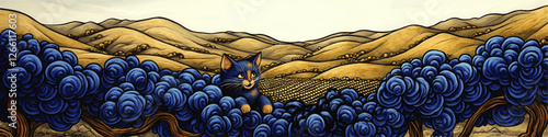 Captivating Vector Art: Blue Cat in Surreal Landscape with Rolling Hills and Spiral Trees, Ideal for Whimsical Home Decor, Artistic Prints, and Wall Art Enthusiasts