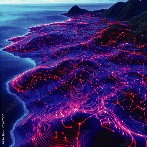 Dynamic Digital Landscape with Neon Gridlines Overlay on Coastline View Highlighting Topographic and Network Connections in Futuristic Vector Artwork