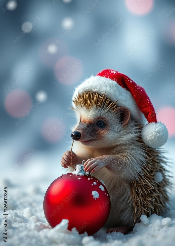 A cute hedgehog wearing a santa hat holds a red christmas ornament in the snow bokeh red bokeh abstract background glow design light texture effect sparkle A cute hedgehog wearing a santa hat holds a red christmas ornament in the snow bokeh red bokeh abstract background glow design light texture effect sparkle