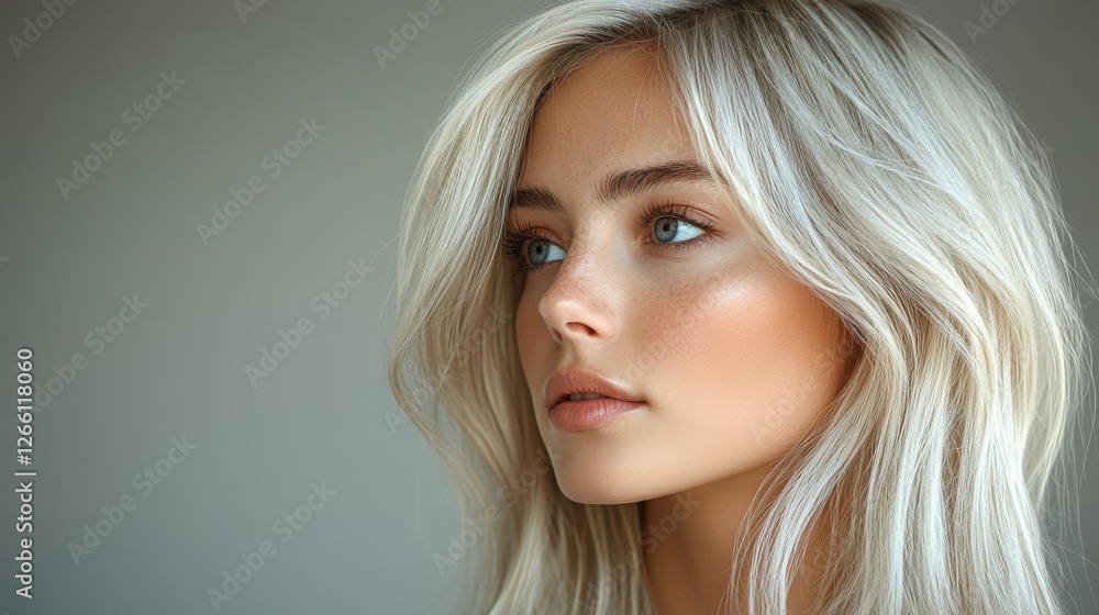 Profile of a woman with sleek platinum blonde hair on a light gray background Profile of a woman with sleek platinum blonde hair on a light gray background