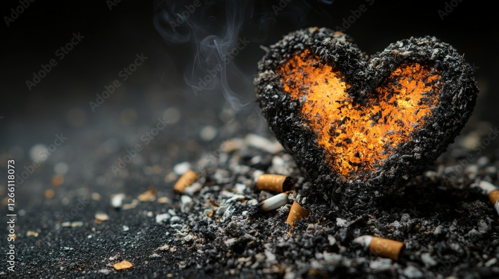 Fototapeta premium Heart shape formed by cigarette ash and glowing embers against a black background