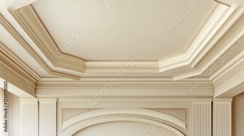 Elegant, cream-colored crown molding and coffered ceiling in a luxury home interior