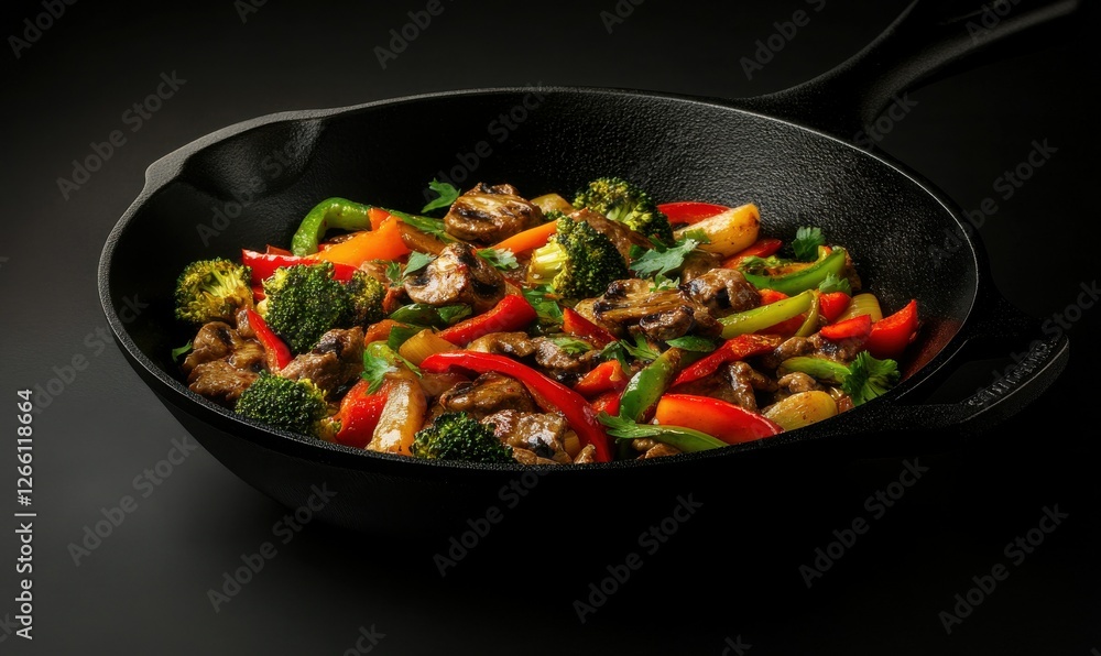 Delicious vegetable stir-fry in a cast iron pan, vibrant colors of peppers, broccoli, and carrots making it ideal for healthy eating visuals Delicious vegetable stir-fry in a cast iron pan, vibrant colors of peppers, broccoli, and carrots making it ideal for healthy eating visuals