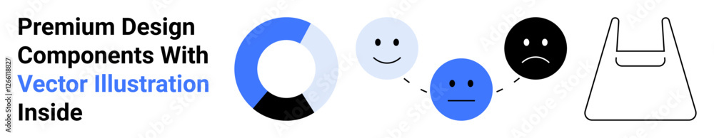 Fototapeta premium Circular graph, emotive faces shifting from happy to sad, abstract bag icon. Ideal for analytics, emotions, creativity, design tools, presentations retail digital marketing. Flat landing page