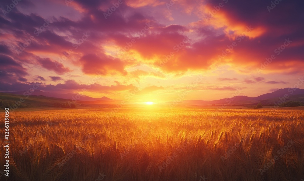 Golden fields of wheat glowing under a dramatic sunset, with clouds painting the sky in warm hues of orange and purple, evoking rural serenity Golden fields of wheat glowing under a dramatic sunset, with clouds painting the sky in warm hues of orange and purple, evoking rural serenity