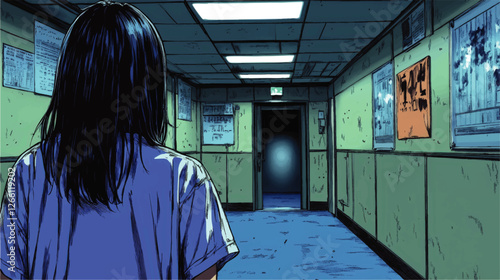 Mysterious Woman in Blue Shirt in Dimly Lit Hallway with Posters on Green Walls and Fluorescent Lights in Eerie Atmosphere - Anime Style Art and Dark Corridor