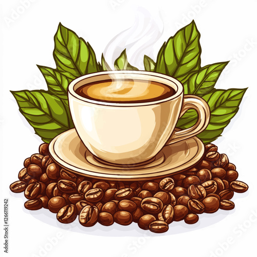 Freshly Brewed Coffee in Elegant Cup with Steaming Aroma Surrounded by Rich Coffee Beans and Vibrant Green Coffee Leaves - Perfect Morning Beverage Vector Art