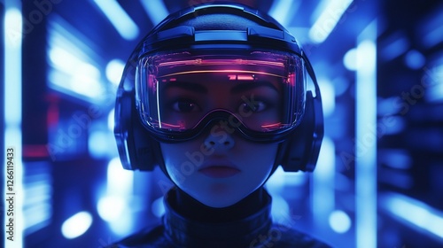 Cyberpunk Girl in Neon-Lit Virtual Reality Metaverse Futuristic Goggles Headset