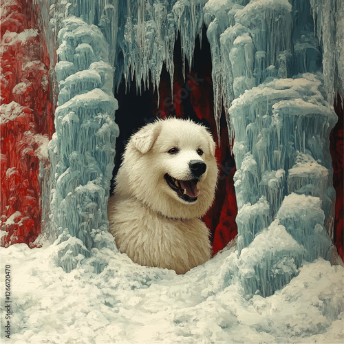 Charming Fluffy White Dog Peeking from Ice Cave Amidst Stunning Red and Blue Frozen Icicles in Winter Wonderland Vector Art Illustration
