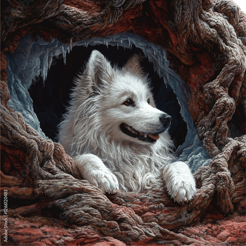Majestic White Wolf in Nature-Themed Vector Art: Explore Detailed Knotted Wooden Tree Hollow and Realistic Fur Texture for Wildlife and Art Lovers Alike