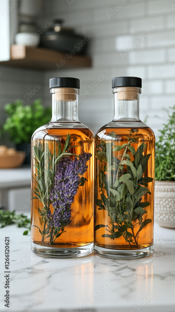 Glass bottles with corks filled with liquid and herbs, tincture or liqueur, in the background of a rustic kitchen. Natural, herbal and vintage. Glass bottles with corks filled with liquid and herbs, tincture or liqueur, in the background of a rustic kitchen. Natural, herbal and vintage.