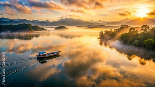 Surreal Sunrise over Foggy Rio Dulce Lake, Guatemala: Misty Mountains & Serene Boat