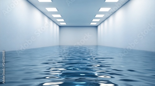 Flooded hallway with tiled walls  illuminated by ceiling lights  water covering the floor  creating ripples.
