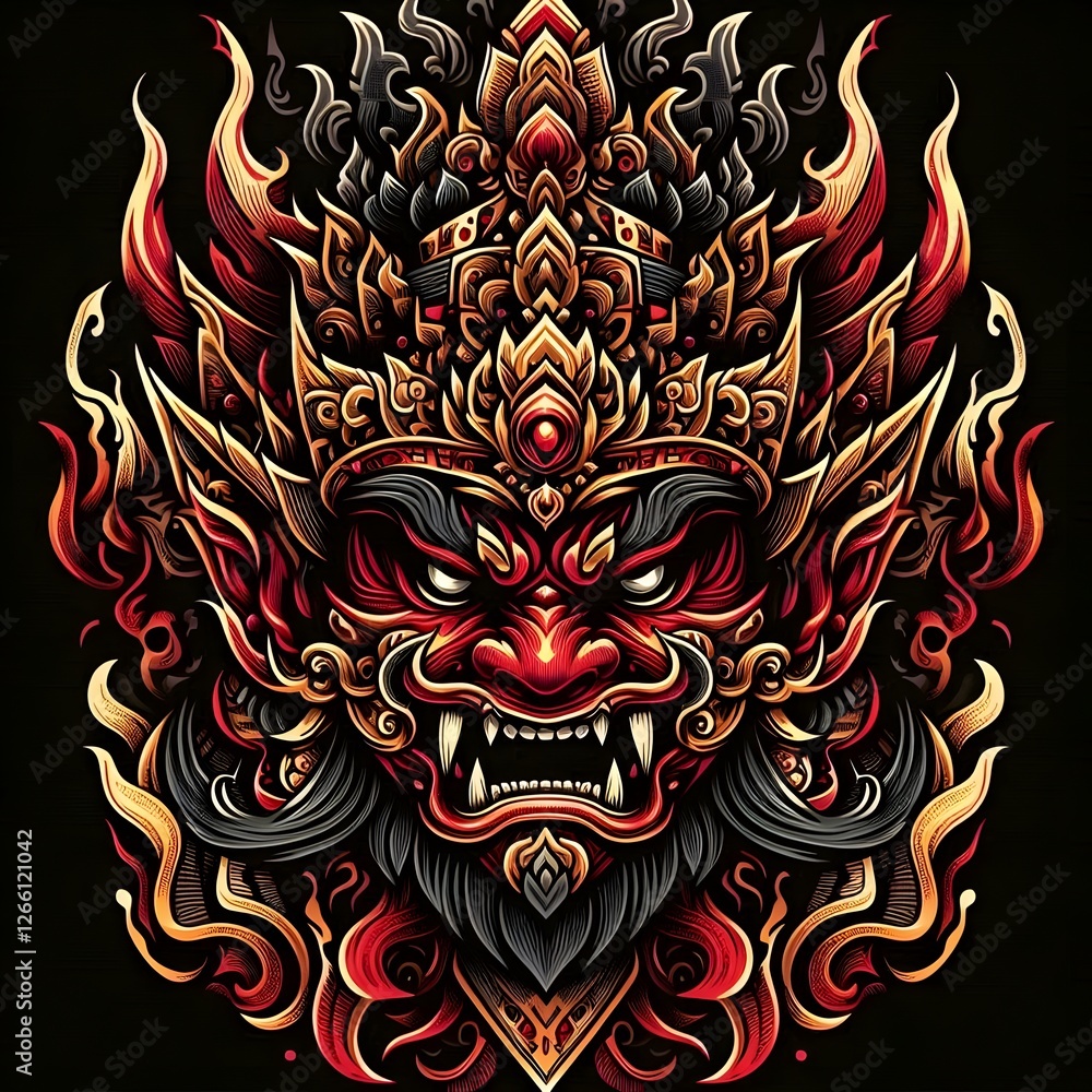 Fototapeta premium The Fierce Protector Digital PortraitMythical Thai Giant Golden Demon King Guardian Spirit of Thailand Legendary Thai Warrior Ancient Thai God 