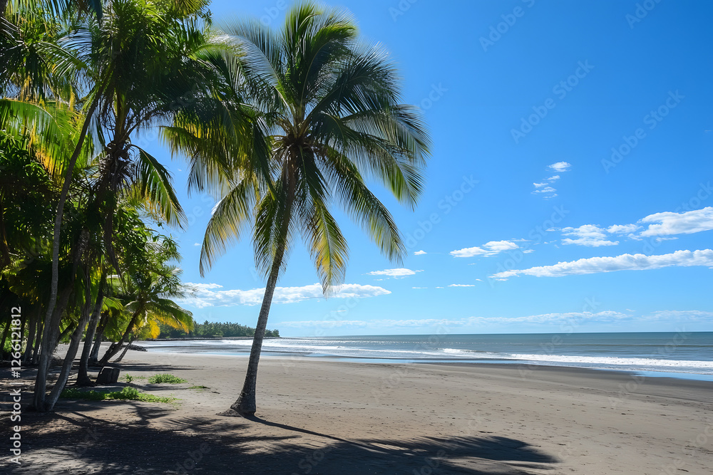 Obraz premium Beautiful tropical beach with palm trees and blue sky on a sunny day