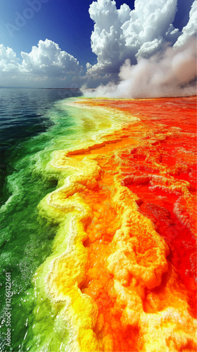 Stunning Vector of Multicolored Hot Spring with Vibrant Rainbow Hues and Steaming Water in Prismatic Terraces under Dramatic Cloudy Sky