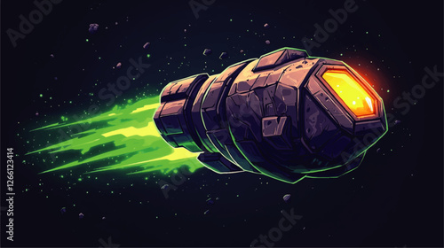 Futuristic Spacecraft with Glowing Yellow Engine and Green Plasma Trail in Starry Asteroid Field - Sci-Fi Vector Art Representing Speed and Extraterrestrial Travel