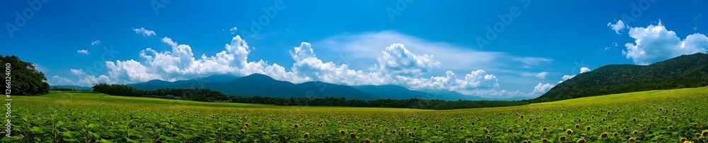 Panoramic view of a vast sunflower field under a bright blue sky with scattered clouds, surrounded by green mountains in the background on a sunny day Panoramic view of a vast sunflower field under a bright blue sky with scattered clouds, surrounded by green mountains in the background on a sunny day