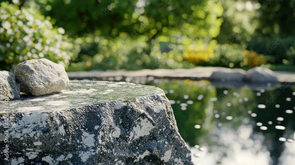 Zen stones on rock overlooking tranquil pond garden Zen stones on rock overlooking tranquil pond garden