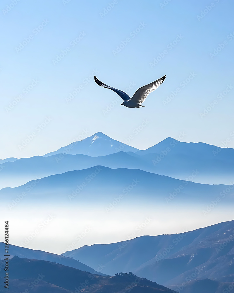 A lone seagull soars above misty blue mountain ranges under a clear sky. A lone seagull soars above misty blue mountain ranges under a clear sky.
