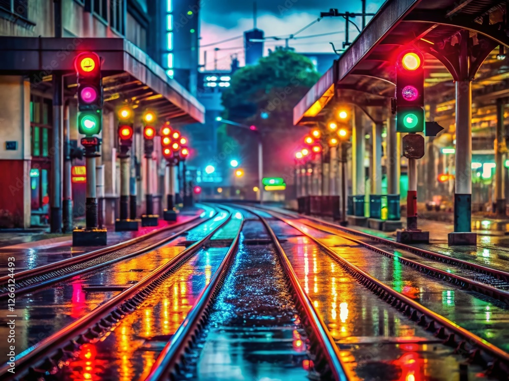 Obraz premium Thailand Train Station Night - Low Light Signal Poles
