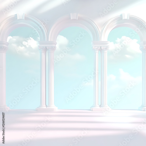 White columns and arches frame a view of a pastel blue sky with soft  diffused lighting and shadows.