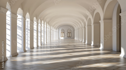 Sunlight streams into a long hallway lined with white arches and columns  creating patterns on the tiled floor.