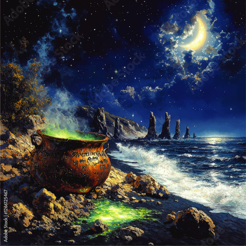 Magical Moonlit Ocean with Enchanted Cauldron on Mysterious Shoreline - Fantasy Vector Art Featuring Starry Night Sky, Rocky Coastline and Green Mist