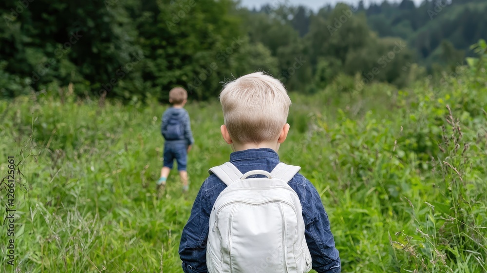 Fototapeta premium Two boys walking through tall grass in a forest. Possible use Stock photo