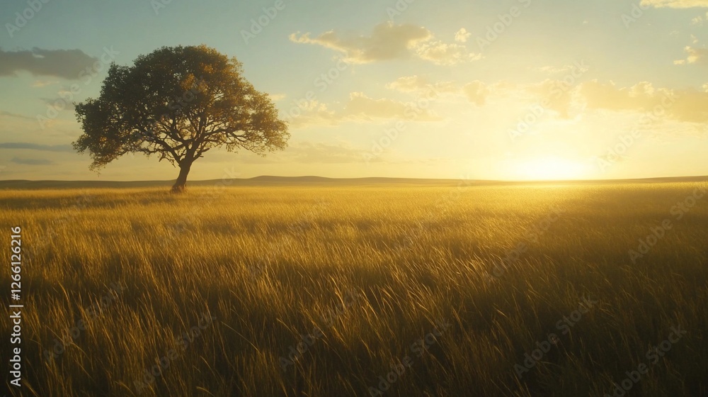 Solitary Tree in Golden Meadow at Sunset A Peaceful Landscape Photography Solitary Tree in Golden Meadow at Sunset A Peaceful Landscape Photography