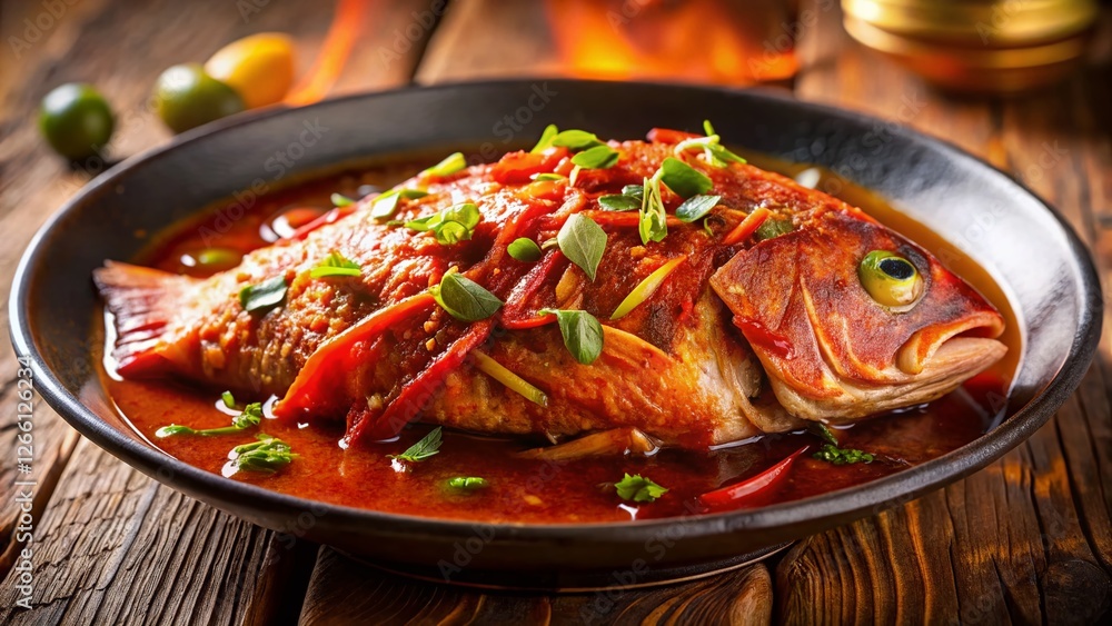 Tilt-Shift Photo: Red Snapper Asam Pedas, Spicy Fish Dish, Malaysian Cuisine, Hot and Sour Sauce Tilt-Shift Photo: Red Snapper Asam Pedas, Spicy Fish Dish, Malaysian Cuisine, Hot and Sour Sauce