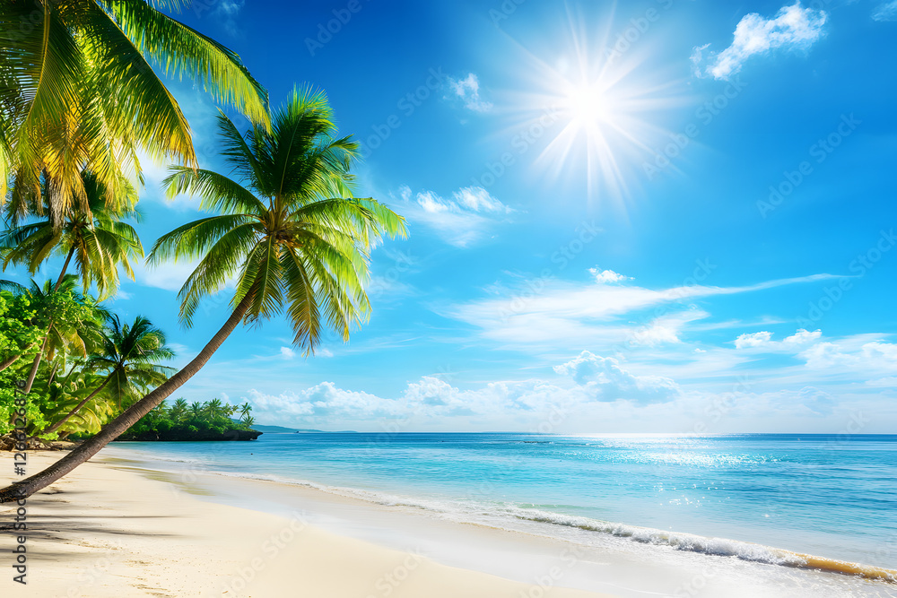 Fototapeta premium Beautiful tropical beach with palm trees and blue sky on a sunny day