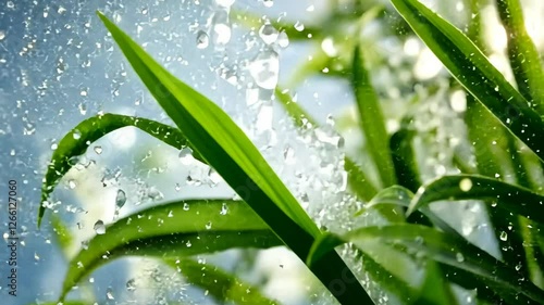 Close-up of fresh green leaves sparkling with droplets of water in sunlight during a sunny day