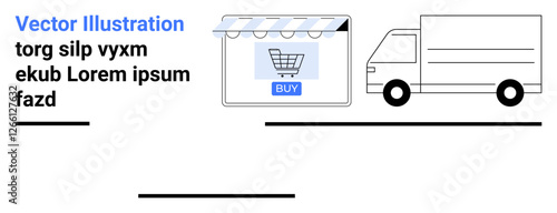 Storefront with shopping cart icon, buy button, and delivery truck. Ideal for e-commerce, logistics, online shopping, delivery services, retail, mobile commerce flat landing page banner