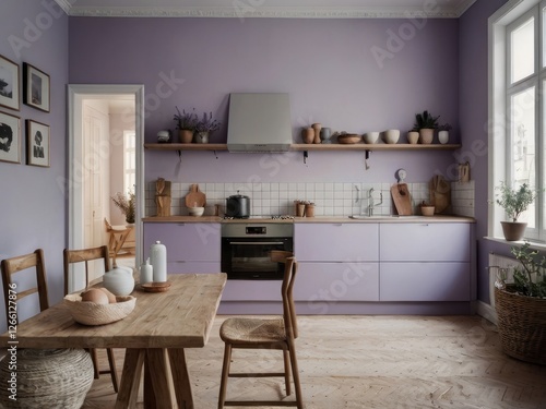 Contemporary kitchen with light purple walls wooden accents and dining