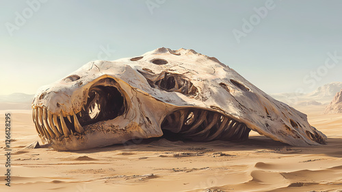 Giant prehistoric turtle skull rests in the desert under a clear sky, showcasing immense size and ancient features. Ancient Sky Beasts. Illustration