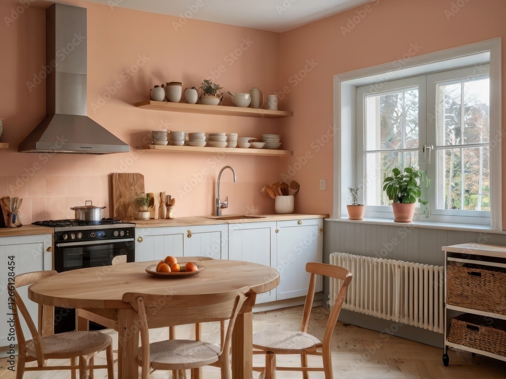 Warm and inviting kitchen features light wood accents and salmon walls Warm and inviting kitchen features light wood accents and salmon walls
