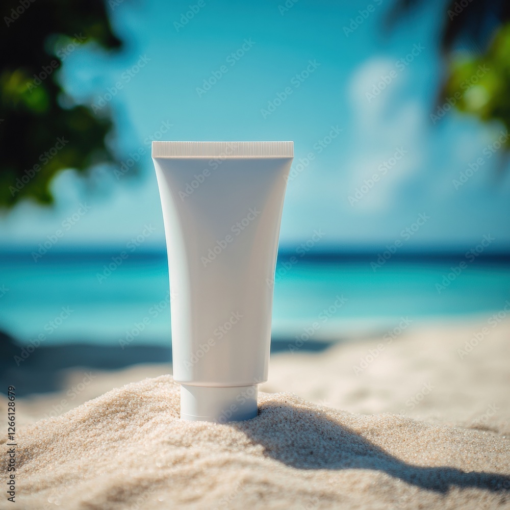 Cosmetics cream tube on sandy beach during sunny day with ocean view in background for mockup design. Generative AI Cosmetics cream tube on sandy beach during sunny day with ocean view in background for mockup design. Generative AI
