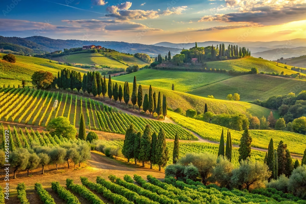 Fototapeta premium Tuscan Vineyard Panorama: Sun-drenched Chianti Hills in Summer