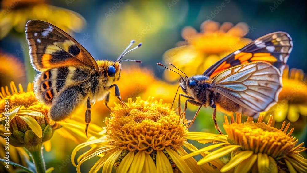 Fototapeta premium Two Butterflies & Bumblebee on Yellow Flower - Close-up Macro Insect Photography