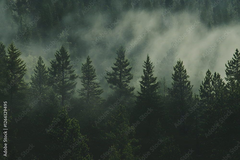 Beautiful green forest panorama with tall trees and sunlight filtering through the leaves Beautiful green forest panorama with tall trees and sunlight filtering through the leaves